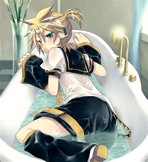 Aqua Eyes Bath Blonde Hair Blush Headphones Kagamine Len Looking Back