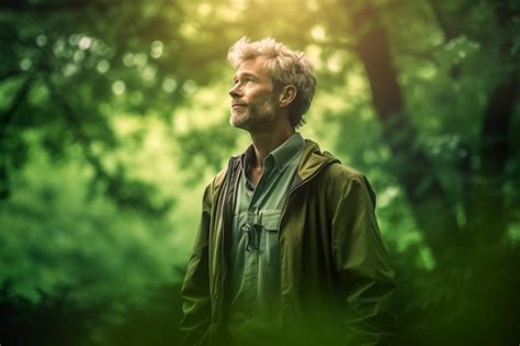 Un Hombre Se Para En Un Bosque Con El Sol Brillando En Su Rostro