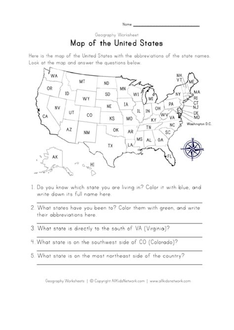 Map Of The Us Geography Worksheet Printable Pdf Download