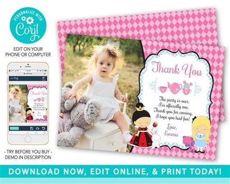 Alice In Wonderland Thank You Card Editable Alice In Onederland