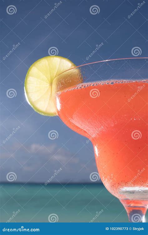 Strawberry Daiquiri Cocktail On The Table At The Beach Restaurant Stock