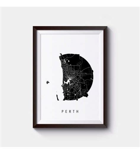 A Framed Black And White Map Of The City Of Perth England In Silhouette