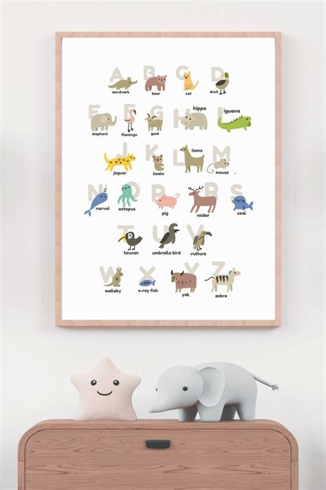 An Animal Alphabet Poster Hanging On The Wall Next To A Dresser With