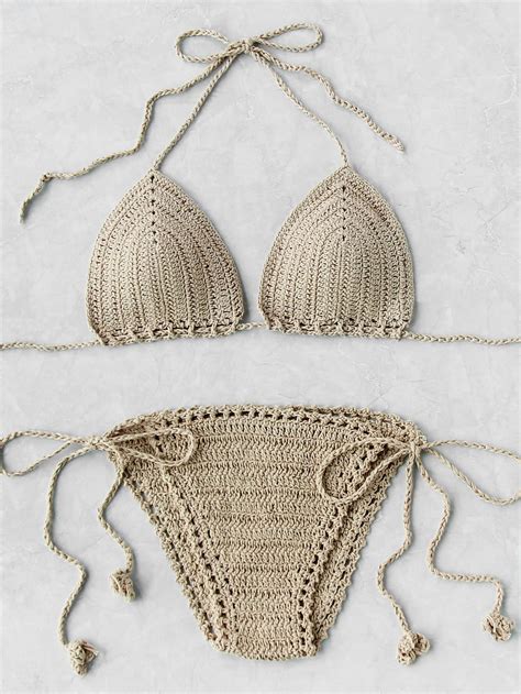 Side Tie Crochet Triangle Bikini SetFor Women Romwe