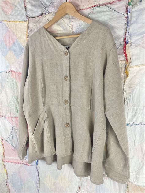 Vintage Flax Linen Button Up Blouse Beige S Long Sleeve Jeanne