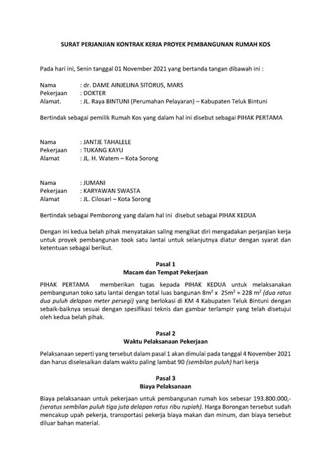 Contoh Surat Kontrak Perkhidmatan Doc Surat Perjanjian Kontrak Kerja