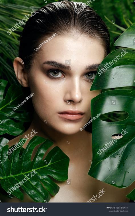 Beautiful Woman Naked Shoulders Palm Leaves Stock Photo Edit Now 1585370614