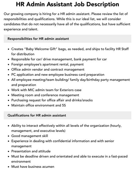 Hr Admin Assistant Job Description Velvet Jobs