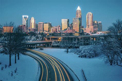 Charlotte nc usa skyline during and after winter snow storm in j ...