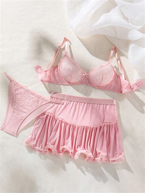 SHEIN Lace Heart Bra And Mesh Panties Sexy Lingerie Set SHEIN UK