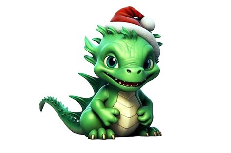 Pequeno dragão verde chapéu de papai noel em fundo branco isolado