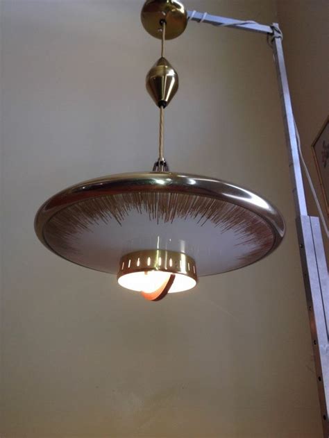 Vintage Mid Century 50s Hanging Pull Down Flying Saucer Ceiling Lamp