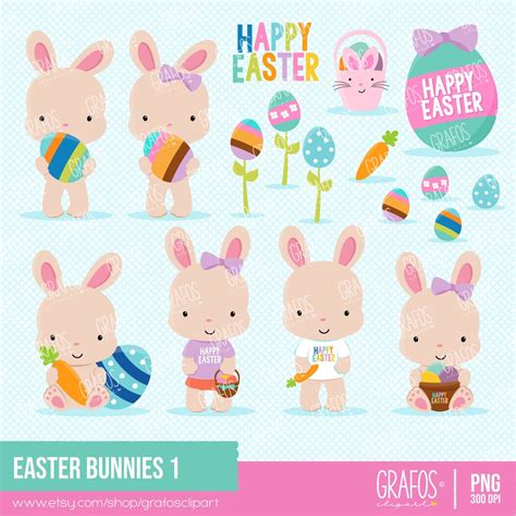 EASTER BUNNIES 1 Digital Clipart Set, Bunnies Clipart, Easter Clipart ...