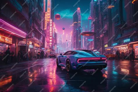 Ficción Panorámica Cyberpunk Futuristic City Con Letreros De Neón Y Luces De Neón Ciudad Con