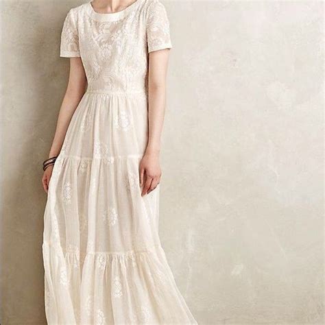 Anthropologie Embroidered White Wedding Maxi Dress Modest Dresses