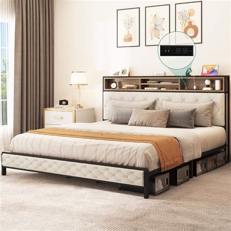 Yitahome | Wooden King Bed Frame with Upholstered Storage Headboard ...