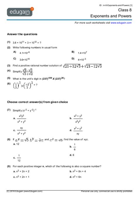 Grade Powers And Exponents Worksheets