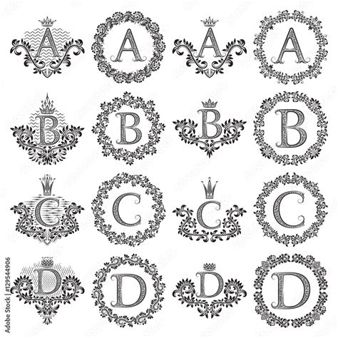 Vintage monograms set of letters A, B, C, D. Heraldic coats of arms ...