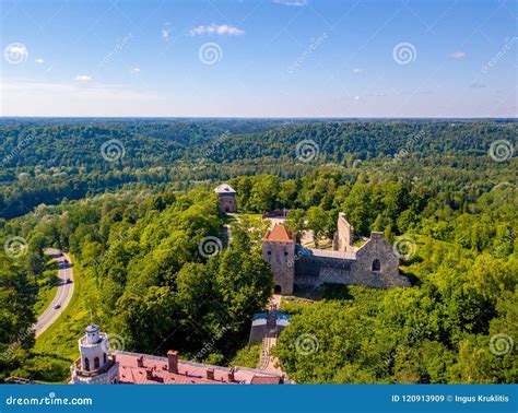 Aerial View On Beautiful Famous New Castle In Sigulda Latvia Editorial