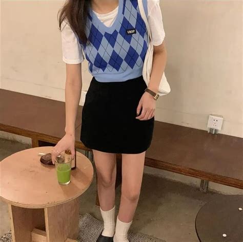 Monroll Crop Short Sleeve T Shirt Argyle Print Knit Sweater Vest