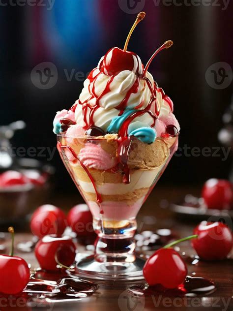 Ai Generated Mouthwatering Rainbow Ice Cream Sundaes Garnish With A Glazed Cherry On Top