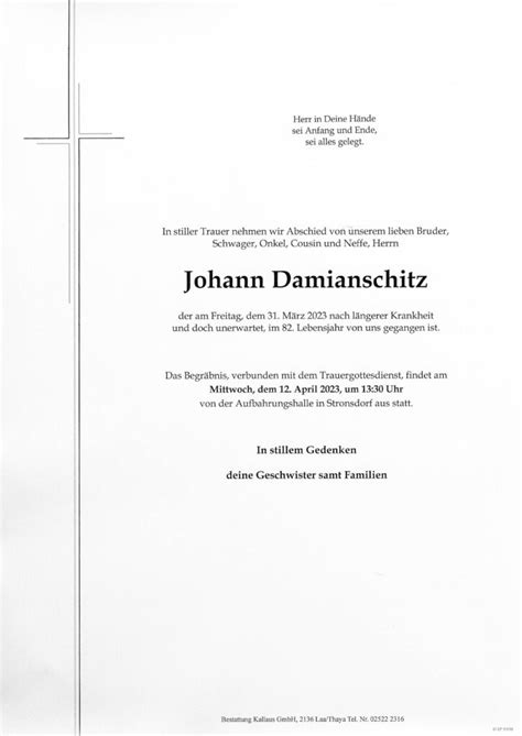 Johann Damianschitz Bestattung Kallaus