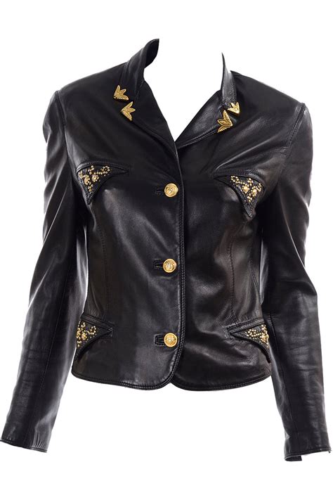 1990s Gianni Versace Black Lambskin Leather Jacket W Medusa Studs Modig