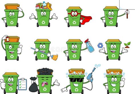 Personaje De La Caricatura De La Papelera De Reciclaje Verde Conjunto