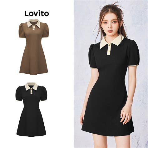 Lovito Vestido Gola E Acabamento Em Contraste Lisa E Casual Para