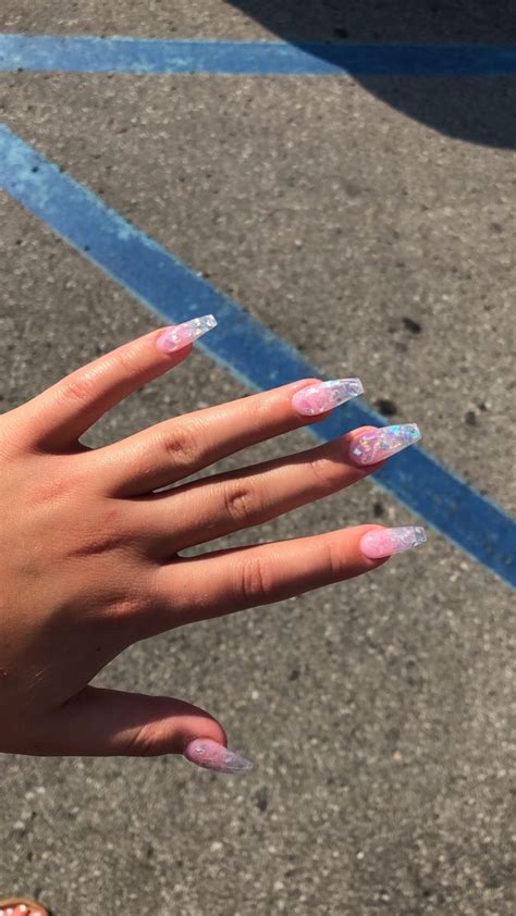 Clear Pink Nails With Iridescent Flakes 💕 Foil Nails Irridescent