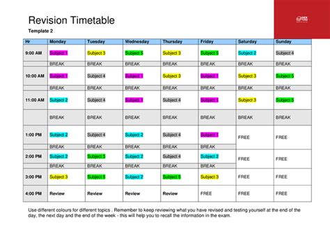 Revision timetable sheet in Word and Pdf formats - page 2 of 2