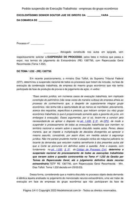 Modelo Pedido Suspensão De Execução Trabalhista Empresas Do Grupo