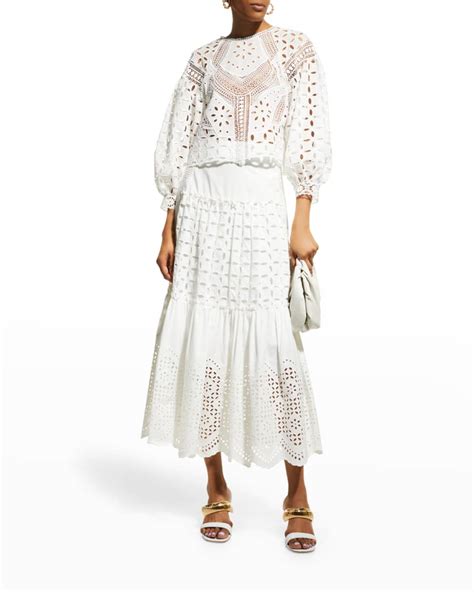 Alberta Ferretti Sangallo Embroidered Tiered Ruffle Midi Skirt Neiman