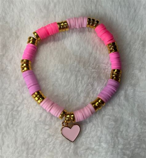 Pink Heart Heishiclay Beaded Bracelet Trendy Summer Bracelets