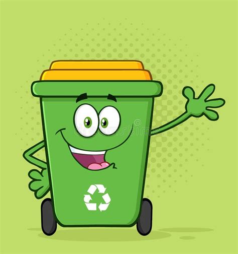 Happy Green Recycle Bin Cartoon Mascot Character Waving for Greeting ...