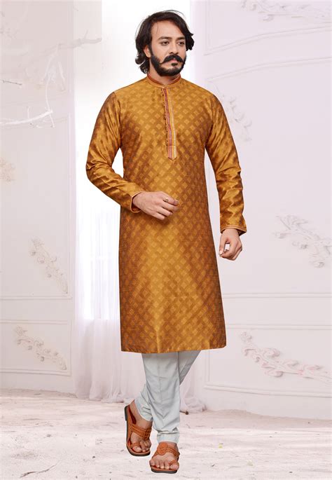 Mustard Jacquard Readymade Kurta Pajama 261145