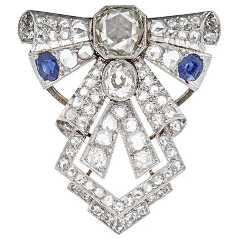 Art Deco Sapphire Diamond White Gold Brooch Deco Jewelry Art Deco
