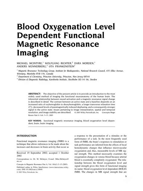 PDF Blood Oxygenation Level Dependent Functional Magnetic Resonance