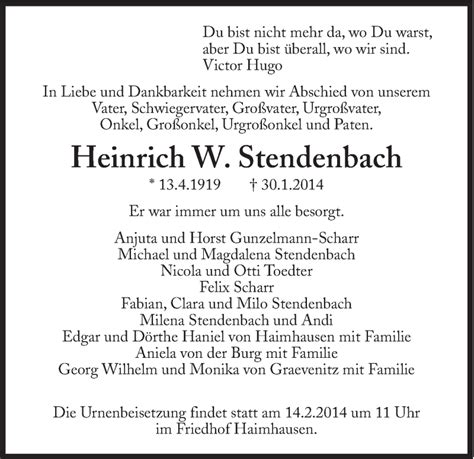 Traueranzeigen Von Heinrich W Stendenbach Sz Gedenken De