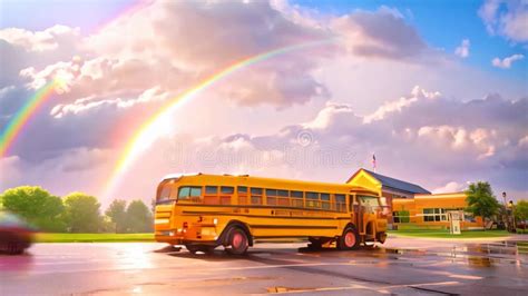 A School Bus Parked In Front Of A School Building With A Vibrant