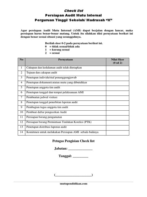 Checklist Persiapan Audit Mutu Internal Ami Spmi Pdf