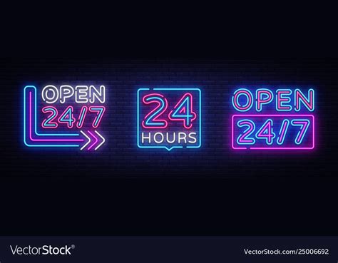 24 Hours Neon Signboards Set Open All Day Vector Image