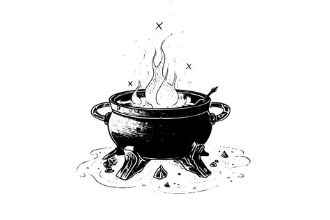 Boiling Witch S Cauldron Hand Drawn Ink Sketch Engraving Style