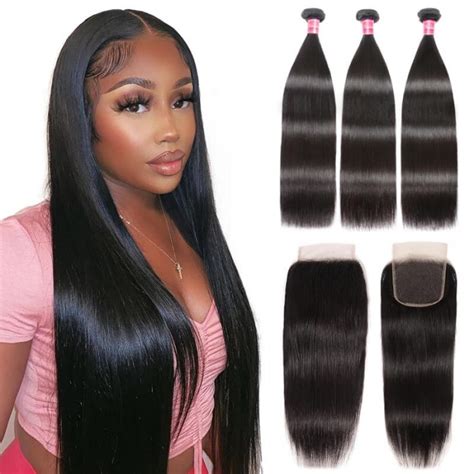 Nadula Straight Virgin Hair Weave 3 Bundles With Lace Closure Soft