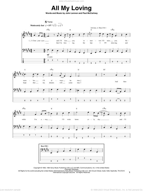 Beatles All My Loving Sheet Music For Bass Tablature Bass Guitar