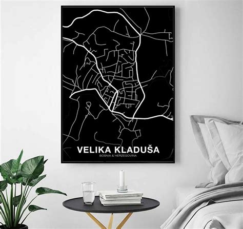 Velika Kladusa Bosnia Map Poster Black White Hometown City Etsy