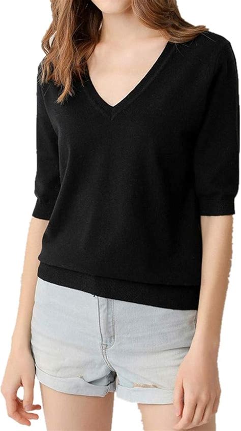 Spring Summer Women Sweaters Solid V Neck Short Sleeved Knit Sweater