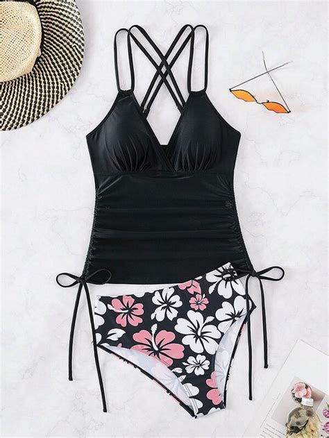 Shein Swim Classy Ba Ador Bikini Con Estampado Floral Con Tira Cruzada Con Cord N Lateral Moda