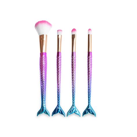 Kit 4 Pincéis p Maquiagem Pó Blush Contorno Calda de Sereia