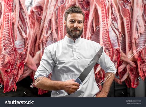 Portrait Handsome Butcher Holding Knife Standing Stock Photo